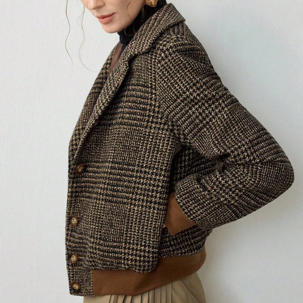 Brown Elegant Women's Plaid Woven Turndown Collar Sleeve Buttoned Jacket - Picture 4 of 8